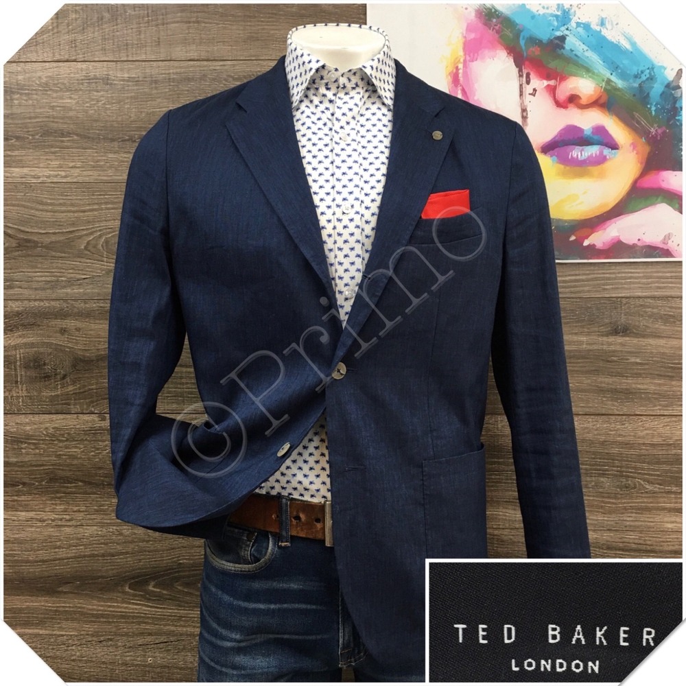 TED BAKER Mens Linen Blazer Sport Coat Casual Jacket Size 6 Classic Blue Suit